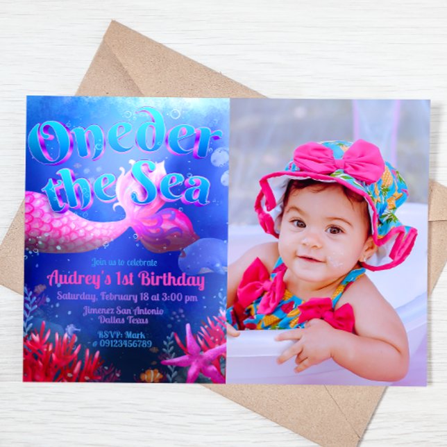Invitation Sous la mer avec paysage photo (Oneder the Sea - Girl Mermaid 1st Birthday Landscape Invitation with Picture)