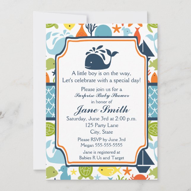 Invitation Sous la mer, Baby shower d'animaux marins (Devant)