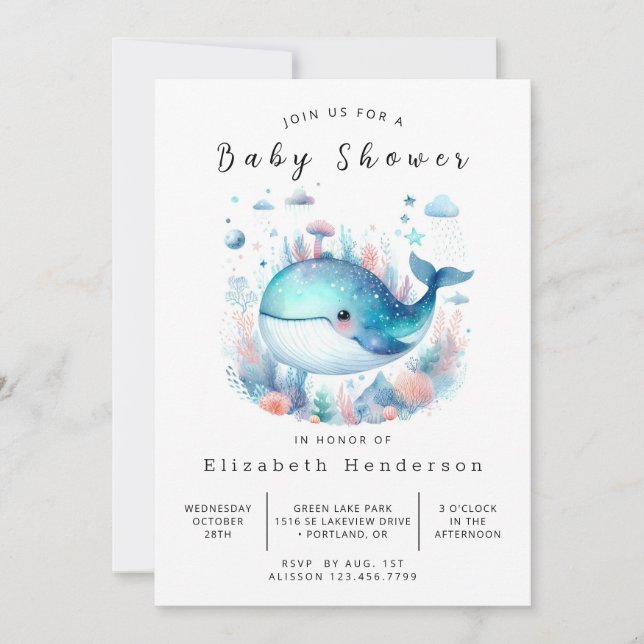 Invitation Sous la mer Baby shower de baleines imprimable (Devant)