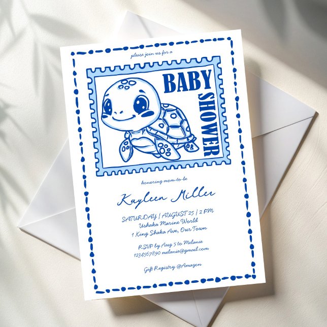 Invitation Sous la mer bleu bébé tortue mignonne shower (Under the sea blue cute turtle baby shower invitation cards template hand drawn post stamp turtle)