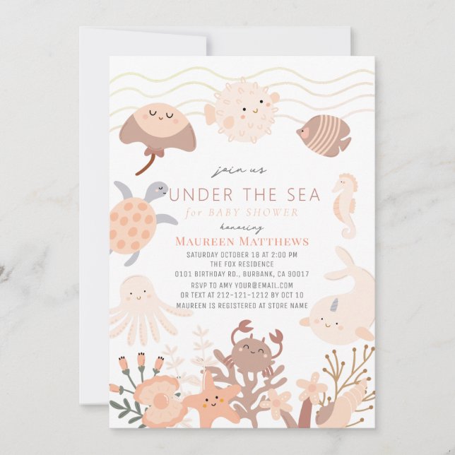 Invitation Sous la mer Créatures Baby shower Boho rose (Devant)
