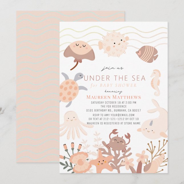 Invitation Sous la mer Créatures Baby shower Boho rose (Devant / Derrière)
