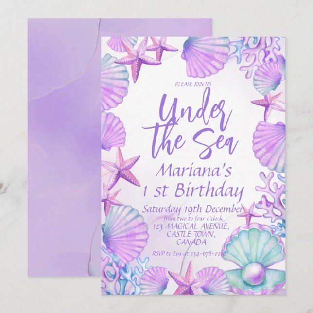 Invitation Sous la Mer Cute Fille 1er Anniversaire (Devant / Derrière)
