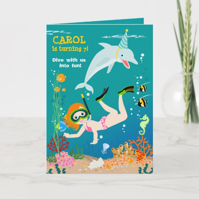 Invitation Sous la mer dauphins et fête d'anniversaire fille (Devant)