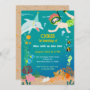 Invitation Sous la mer dauphins et fête d'anniversaire garçon
