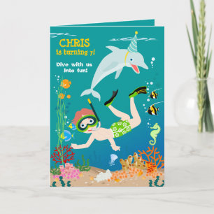 Invitation Sous la mer dauphins et fête d'anniversaire garçon
