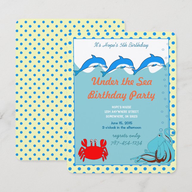 Invitation Sous la mer Dolphin Octopus Crab fête d'anniversai (Devant / Derrière)
