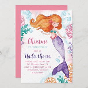 Invitation Sous la mer Fille Sirène Fête d'anniversaire