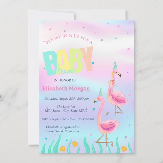 Invitation Sous la mer, Flamants roses Baby shower holographi (Devant)