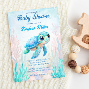 Invitation Sous la mer jolie tortue aqua bleu baby shower