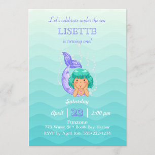 Invitation Sous la mer la sirène bouillonne petite fille