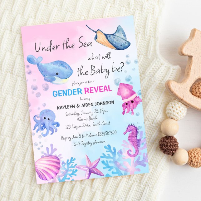 Invitation Sous la mer, le genre révèle de mignonnes créature (Under the sea gender reveal invitation template digital download cute sea critters pink blue boy gir)