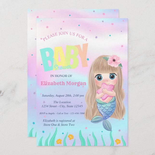Invitation Sous la mer, Mermaid Star Baby shower holographiqu (Devant / Derrière)