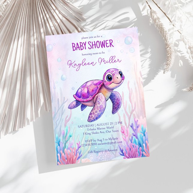 Invitation Sous la mer mignonne tortue baby shower rose pourp (Under the sea cute turtle purple pink girls baby shower invitation template instant download)