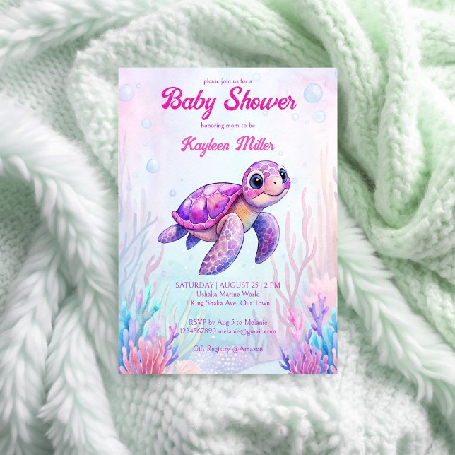 Invitation Sous la mer mignonne tortue baby shower rose pourp (Under the sea cute sea turtle purple pink baby shower invitation template instant download)