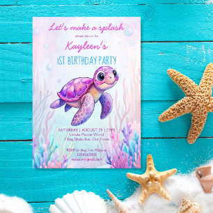 Invitation Sous la mer mignonne tortue rose violet anniversai