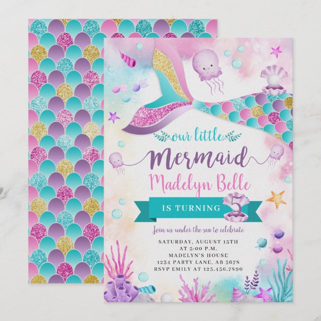 Invitation Sous la mer Notre Petite Sirène Anniversaire (Devant / Derrière)