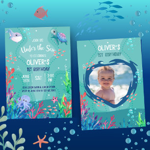 Invitation Sous la mer Océan 1er bébé garçon anniversaire Inv