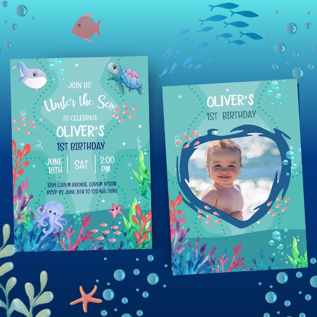Invitation Sous la mer Océan 1er bébé garçon anniversaire Inv (Créateur téléchargé)
