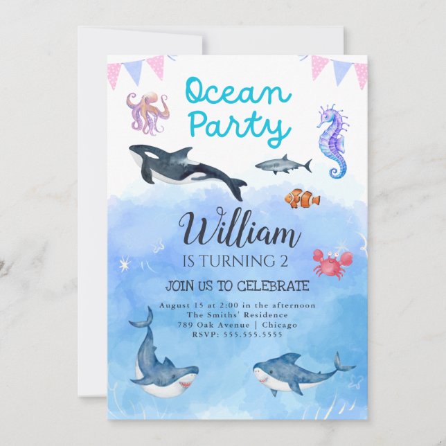 Invitation Sous la mer Océan Anniversaire de enfant Party Inv (Devant)