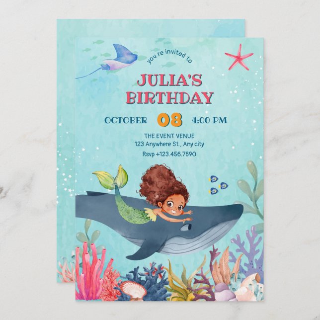 Invitation Sous la mer, petite sirène et anniversaire de bale (Devant / Derrière)