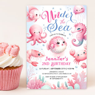Invitation Sous La Mer ! Pink Cute Ocean Girl 2e anniversaire