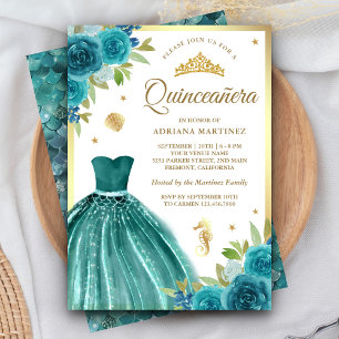Invitation Sous la mer Robe Turquoise Sirène or Quinceanera