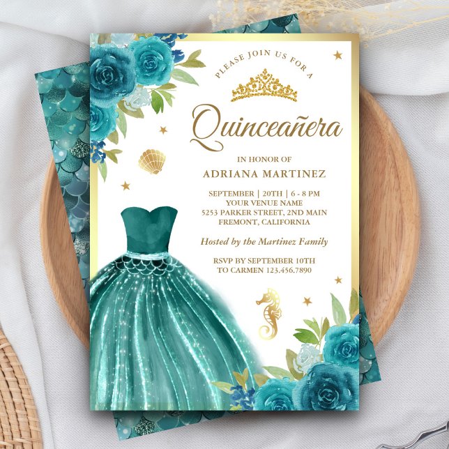 Invitation Sous la mer Robe Turquoise Sirène or Quinceanera (Créateur téléchargé)