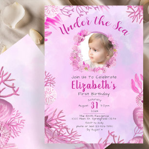Invitation Sous la mer rose photo fille 1er anniversaire fête