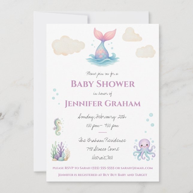 Invitation Sous la mer, Sirène, Baby shower des Créatures océ (Devant)