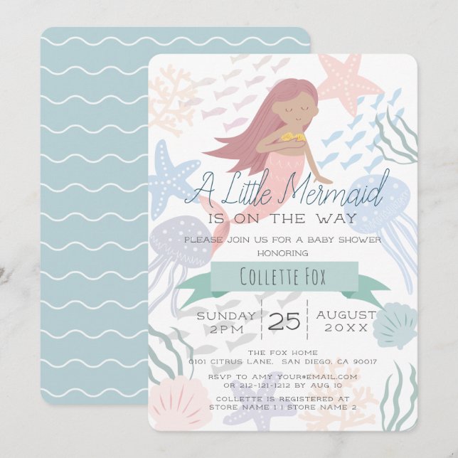 Invitation Sous la mer Sirène Baby shower vert de la mer Invi (Devant / Derrière)