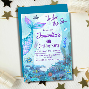 Invitation Sous la mer sirène bleu & violet 4e anniversaire