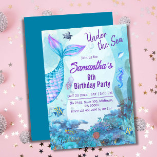 Invitation Sous la mer sirène bleu & violet 6e anniversaire