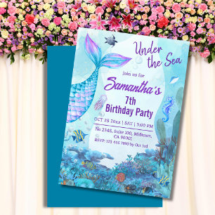 Invitation Sous la mer sirène bleu & violet 7ème anniversaire