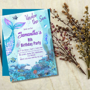 Invitation Sous la mer sirène bleu & violet 8e anniversaire