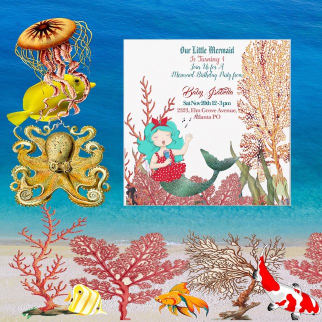 Invitation Sous la mer Sirène chantant Coral Reef Anniversair (Under The Sea Mermaid Singing Coral Reef Birthday Invitation)