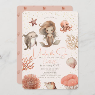 Invitation Sous la mer Sirène mer rose fille 1er anniversaire