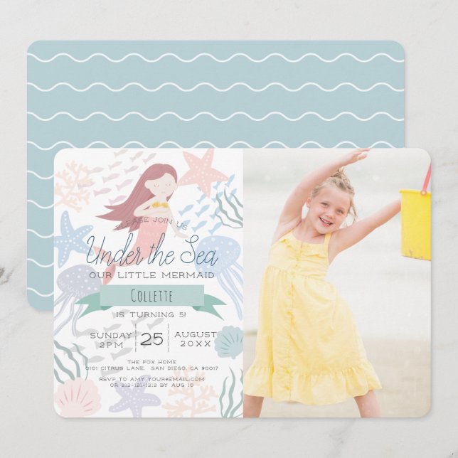 Invitation Sous la mer Sirène mer Vert photo Anniversaire (Devant / Derrière)