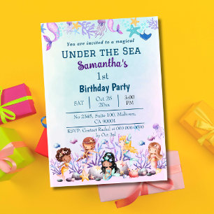 Invitation Sous la mer sirène mignonne enfants bleu 1er anniv