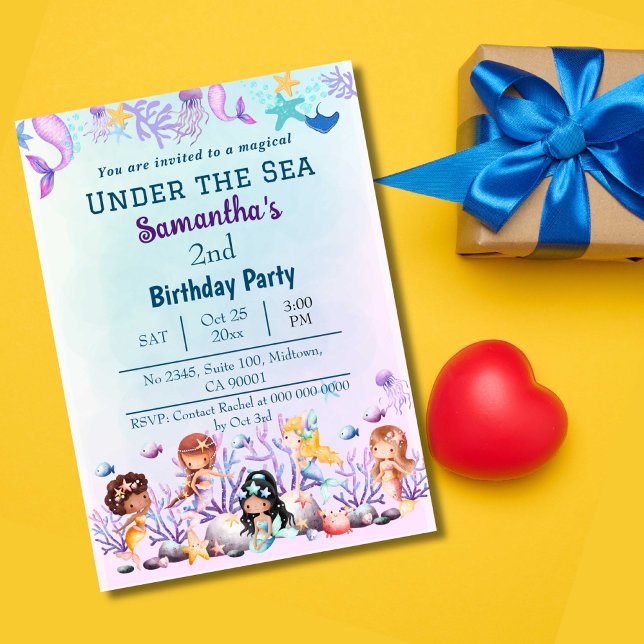 Invitation Sous la mer sirène mignonne enfants bleu 2e annive (Créateur téléchargé)