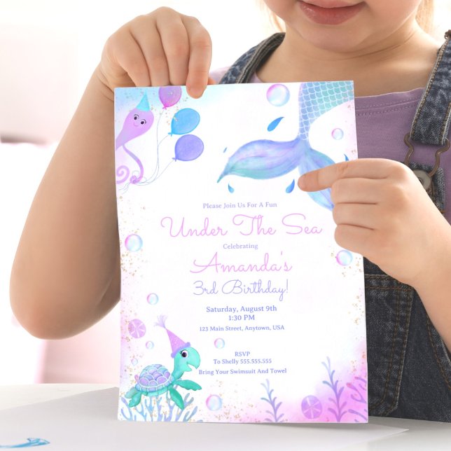 Invitation Sous la mer Sirène & tortue de mer Anniversaire (. Mermaid dreams come true, easy to fill template for whimsical under the sea celebration. 

)