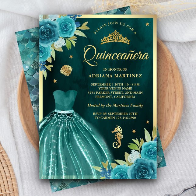 Invitation Sous la mer Sombre Turquoise sirène or Quinceanera (Créateur téléchargé)