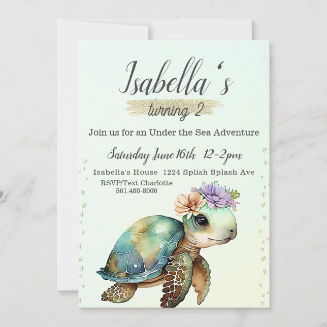 Invitation Sous la mer, Tortue 2e anniversaire, (Devant)