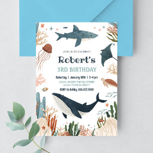 Invitation Sous la mer Tortue requin 1er anniversaire