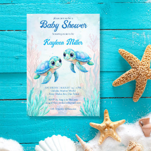 Invitation Sous la tortue de mer aqua bleu baby shower jumeau