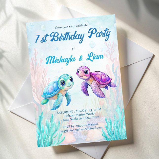 Invitation Sous la tortue de mer aqua bleu jumeaux anniversai (Under the sea turtle aqua blue  purple twins birthday party invitation template)