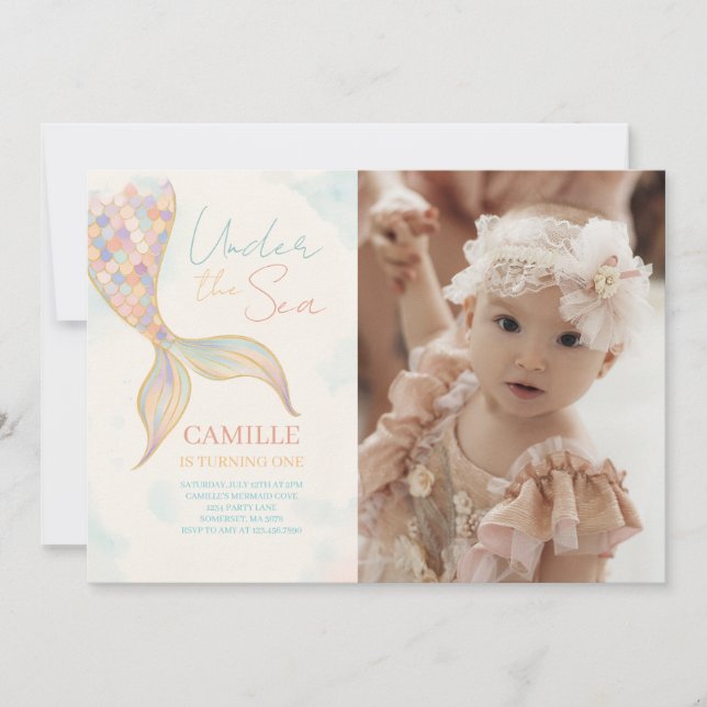 Invitation Sous la voile de sirène de mer fête d'anniversaire (Devant)