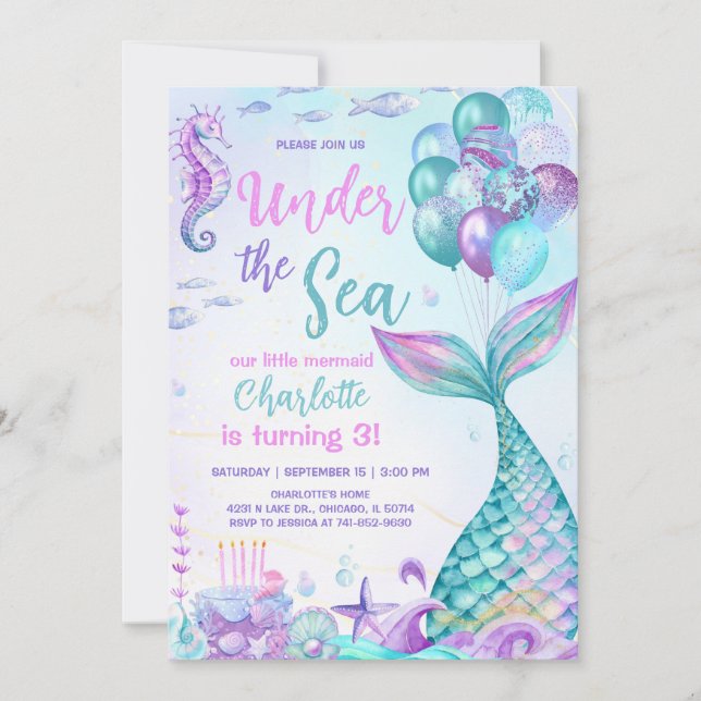 Invitation Sous l'anniversaire de 3 ans de la sirène de la me (Devant)