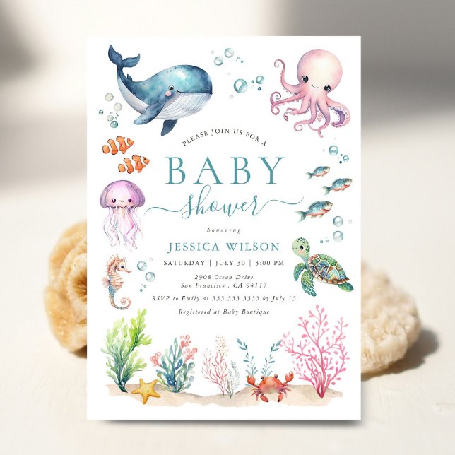 Invitation Sous l'Aquarelle de la mer Baby shower d'animaux m (Créateur téléchargé)