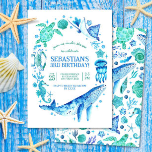 Invitation Sous l'aquarelle de la mer Créatures de la mer Ble